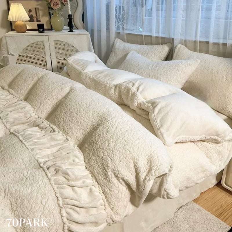 ふわもこ ギャザー ミルク ベルベット 冬用 布団カバーセット ベッド
