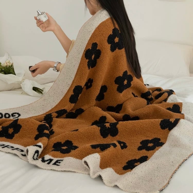 ブラウン 花柄 ブランケット 130×170 膝掛け ニット | 70PARK