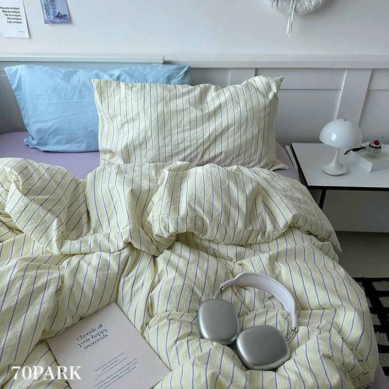 イエロー ミックス ストライプ柄 布団カバーセット 全2サイズ ベッド