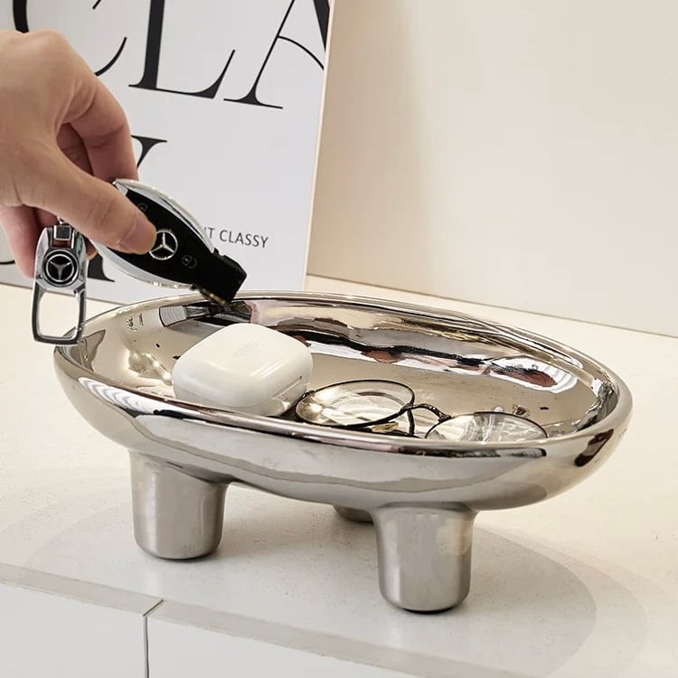 脚付き セラミック オーバル型 トレイ 全2色 プレート シルバー
