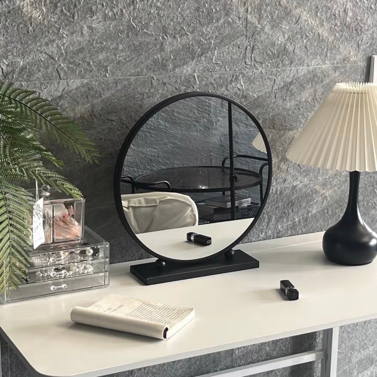 卓上 アイアン ラウンドミラー ブラック 直径40cm 鏡 | 70PARK