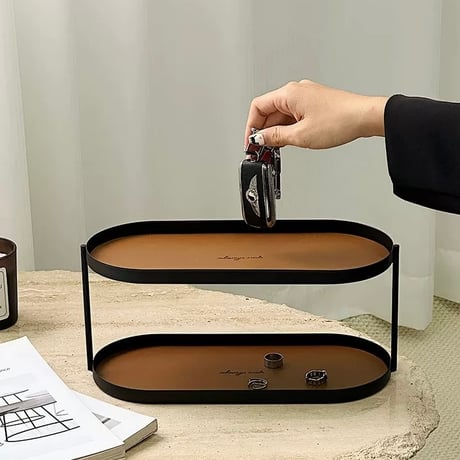 #アイアン レザー オーバル型 ラージ 二段 トレイ 全2色 収納 ラック