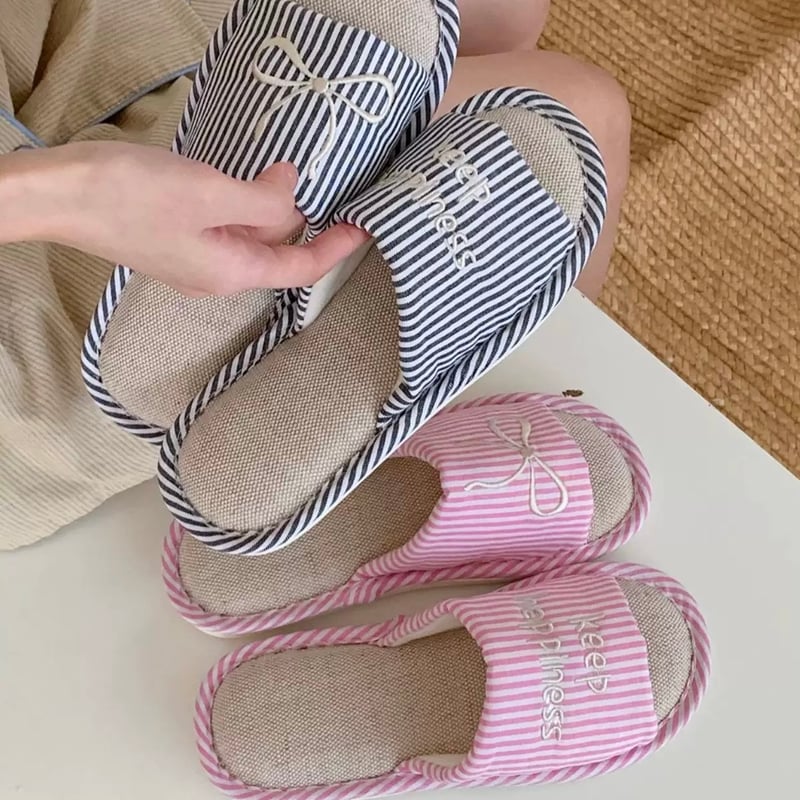 リボン 刺繍 ストライプ リネン ルームシューズ 全2色 3サイズ 室内