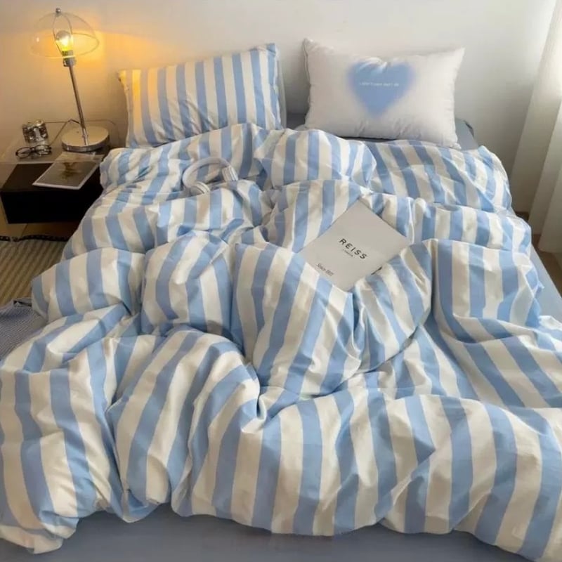 ブルー ホワイト ワイド ストライプ コットン 布団カバーセット 全3種