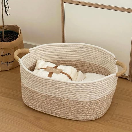 【即納】#ロープ編み 持ち手付 小物入れ 大容量 バスケット 収納