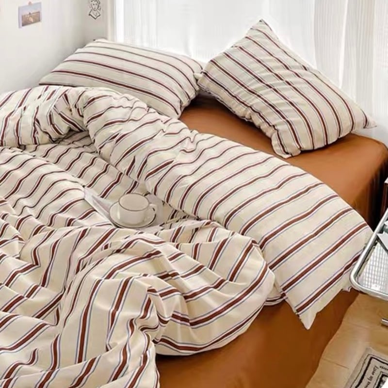フレーム ベッドカバー 布団 即納】#ブラウン ストライプ 布団カバーセット 全2種 ベッドカバー