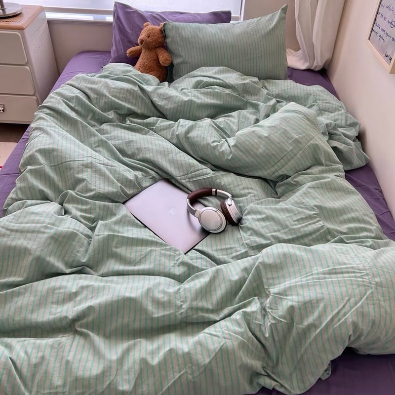 グリーン パープル ピン ストライプ コットン 布団カバーセット 全2