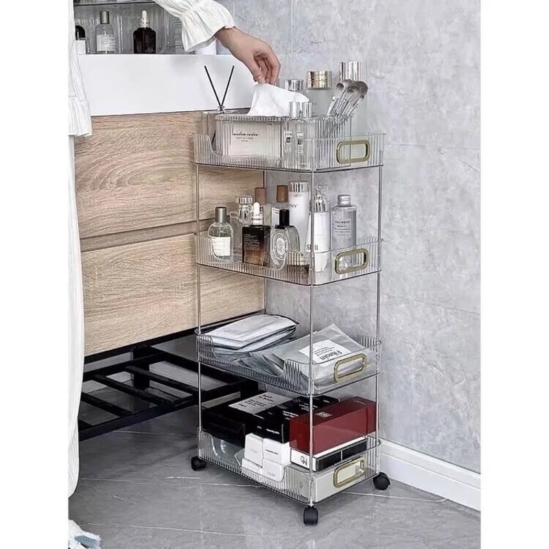 即納】#クリア ストライプ模様 収納 ラック ワゴン キャスター 全2色