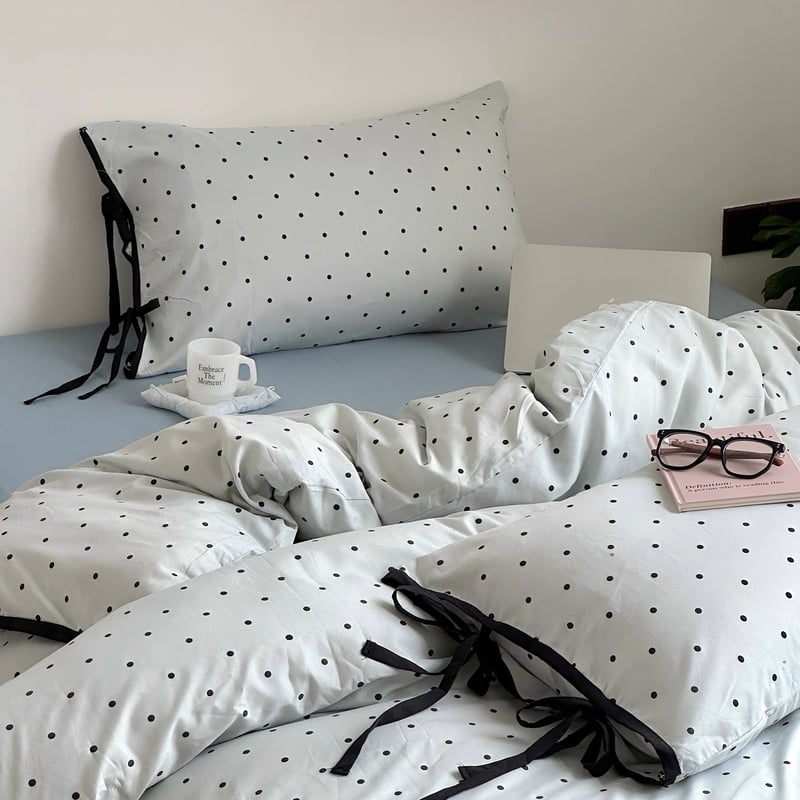 ブルー ドット柄 パイピング リボン 布団カバーセット 全2サイズ