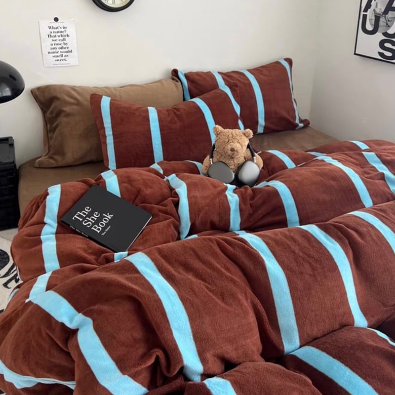 ブラウン ブルー ワイド ストライプ 冬用 布団カバーセット 全3種 | 70PARK