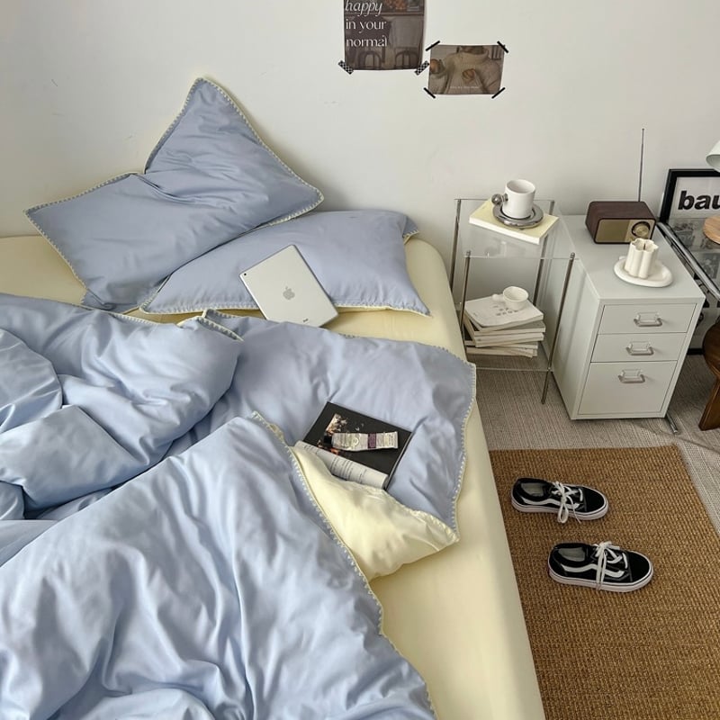 即納】#リバーシブル 無地 ステッチ 布団カバーセット 全2種 ベッド