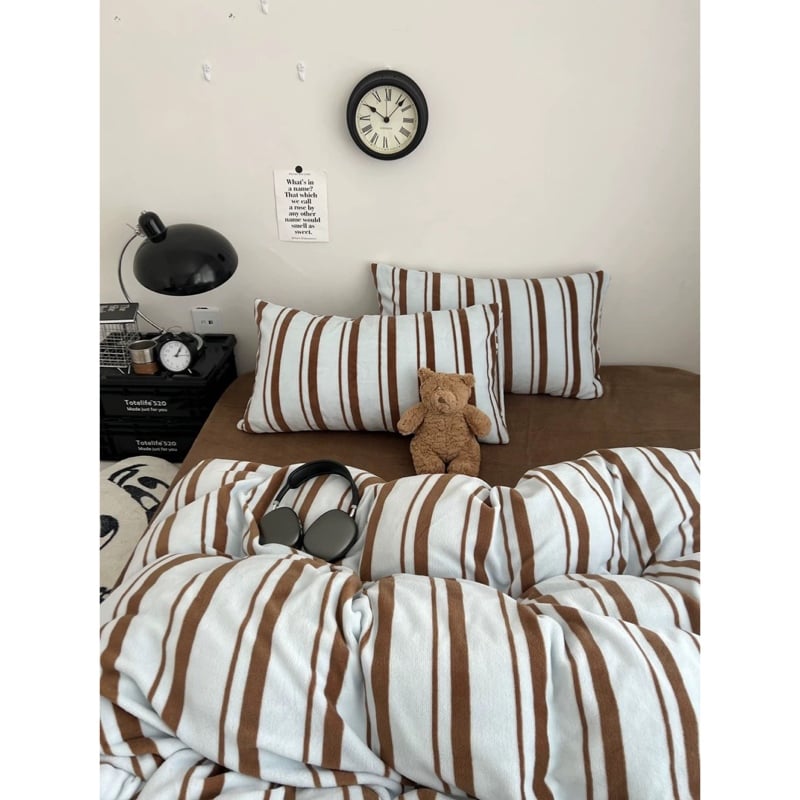 韓国製 厚手 綿 マルチカバー ライトブラウン ブルー ブラウン マルチ ストライプ 冬用 布団カバーセット 全3種 | 70PARK