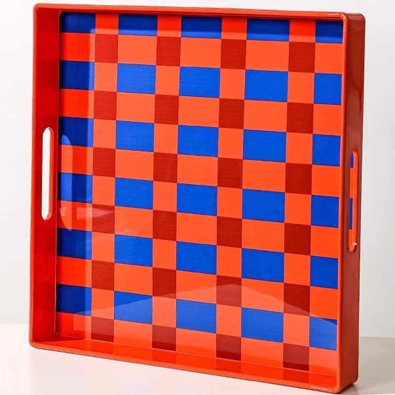 オレンジ ブルー チェッカー柄 スクエア トレイ | 70PARK