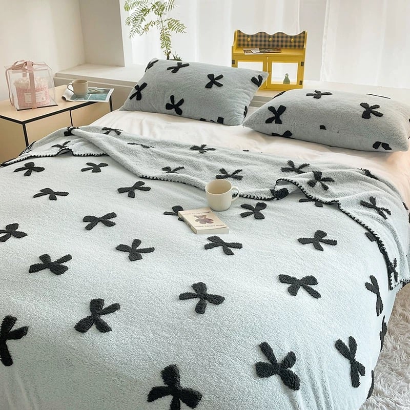 ブルー リボン パターン ステッチ ブランケット 150×200 膝掛け | 70PARK