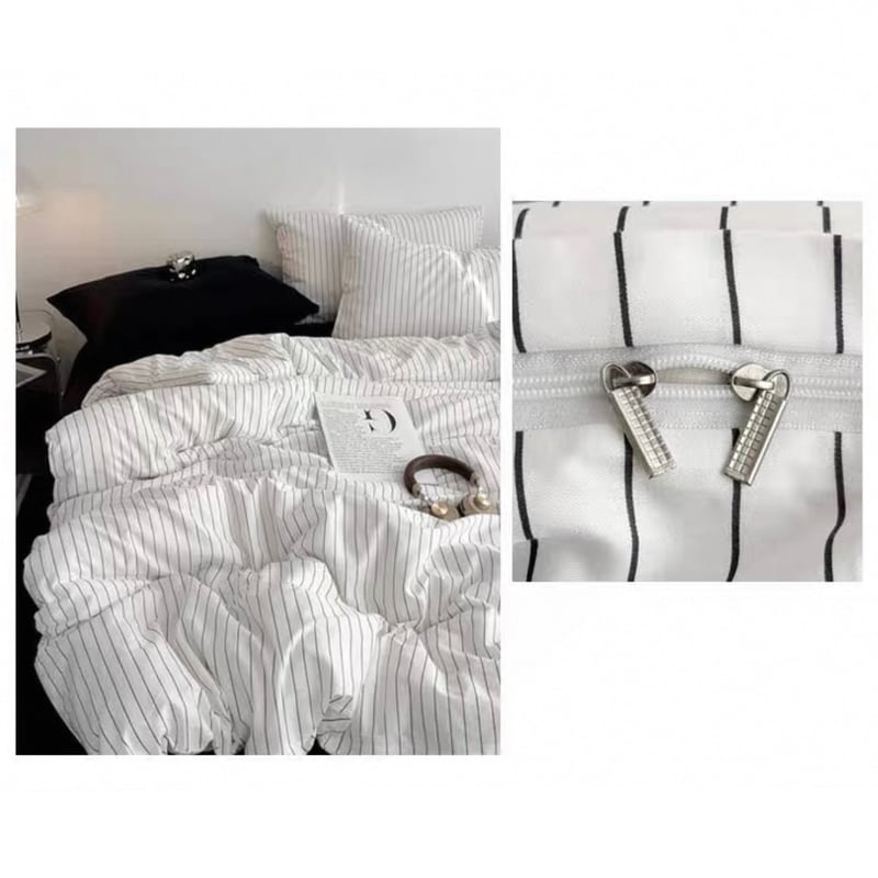 ホワイト ブラック ピンストライプ コットン 布団カバーセット 全3種