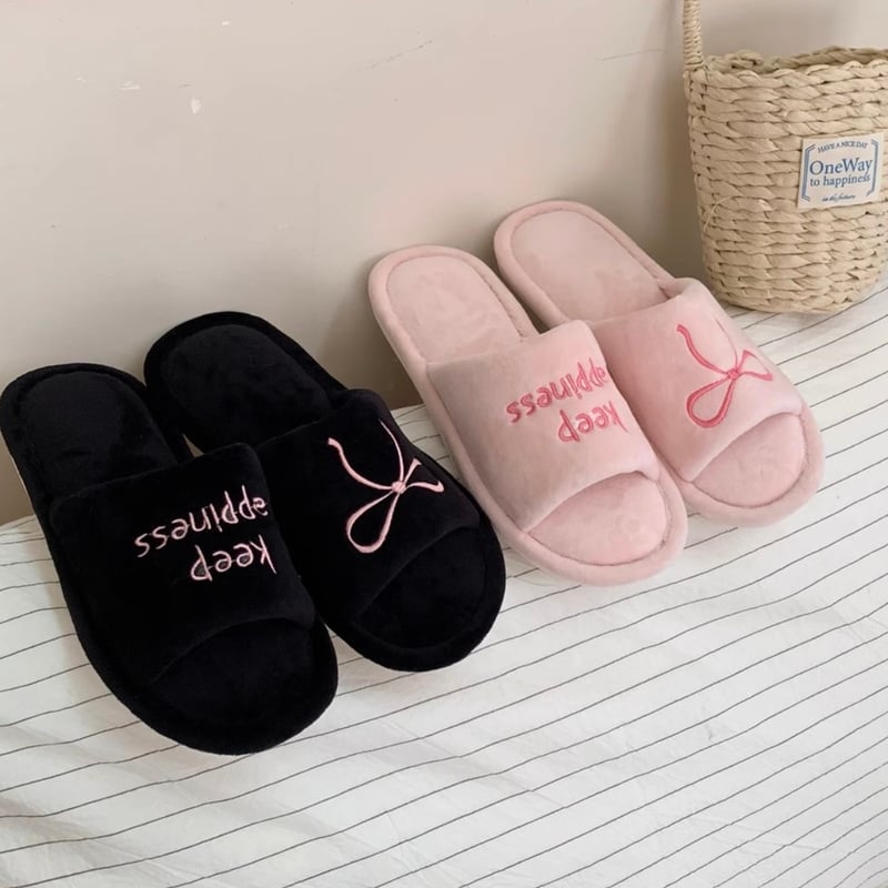 リボン 刺繍 デザイン ルームシューズ 全3色 3サイズ 室内 スリッパ