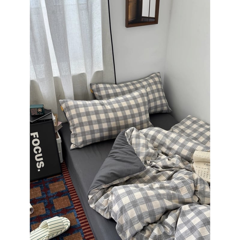 グレー ワイド チェック柄 布団カバーセット 全2サイズ オールシーズン