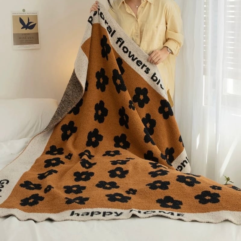 ブラウン 花柄 ブランケット 130×170 膝掛け ニット | 70PARK