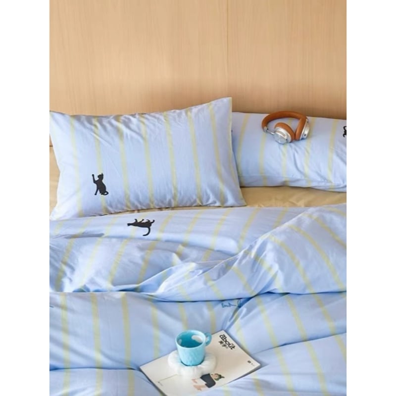 ブルー キャット ストライプ 布団カバーセット 全2種 ベッドカバー 猫