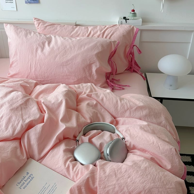 ピンク サイドリボン 無地 パイピング 布団カバーセット 全2サイズ