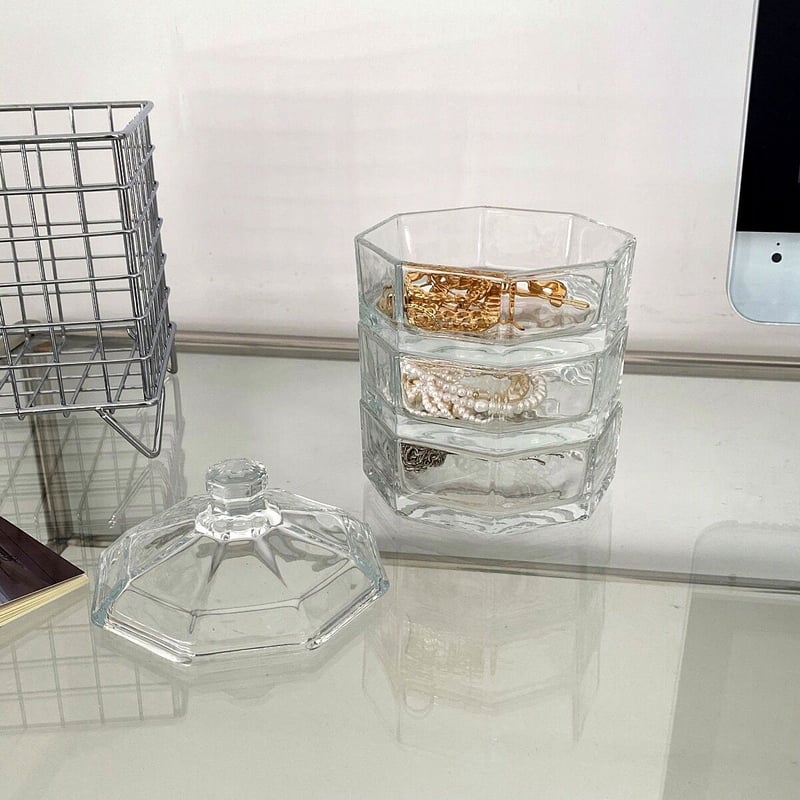 クリア ガラス 蓋付き 三段 小物入れ トレイ 収納 | 70PARK