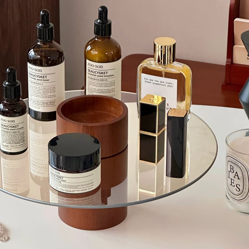 クリア ガラス プレート ウッド スタンド トレイ 香水収納 コスメ収納