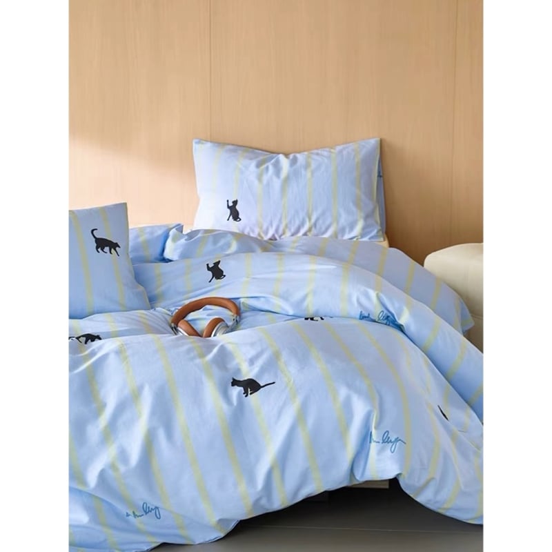 ブルー キャット ストライプ 布団カバーセット 全2種 ベッドカバー 猫