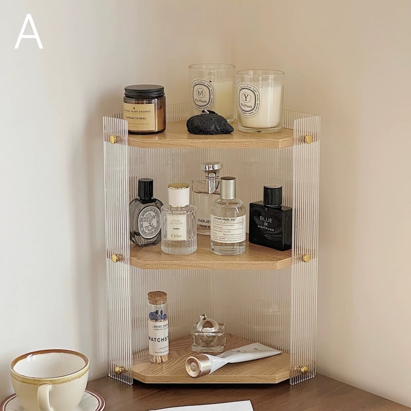 クリア アクリル 木目調 三段 収納 コーナーラック 全2色 コスメ 香水