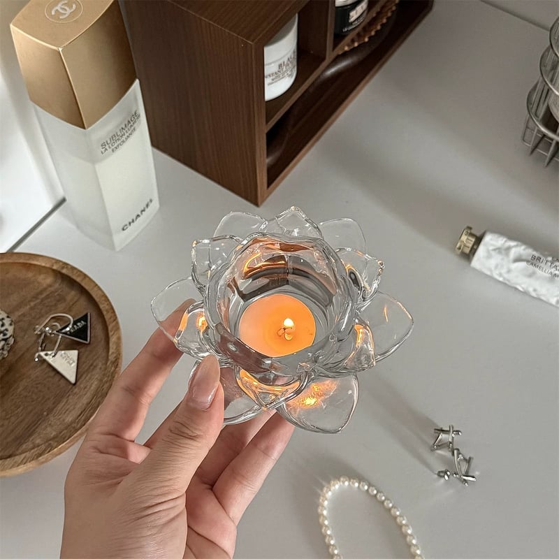 蓮 フラワーモチーフ クリア ガラス キャンドルホルダー スタンド | 70PARK