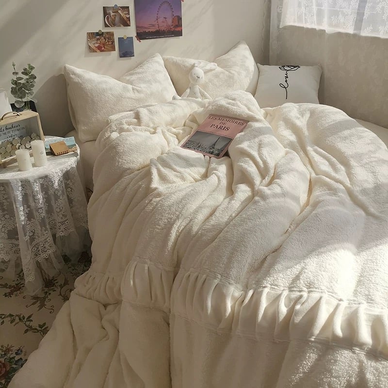 ふわもこ ギャザー ミルク ベルベット 冬用 布団カバーセット ベッド