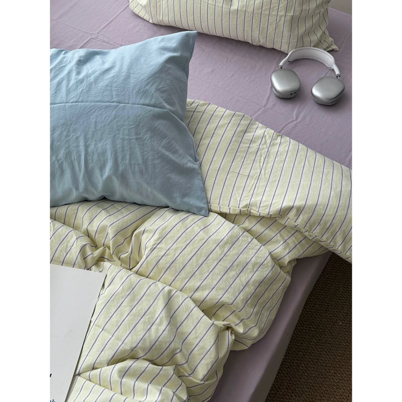 イエロー ミックス ストライプ柄 布団カバーセット 全2サイズ ベッド