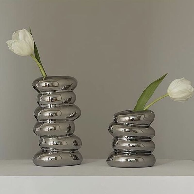 シルバーカラー セラミック フラワーベース 全2種 花瓶 | 70PARK