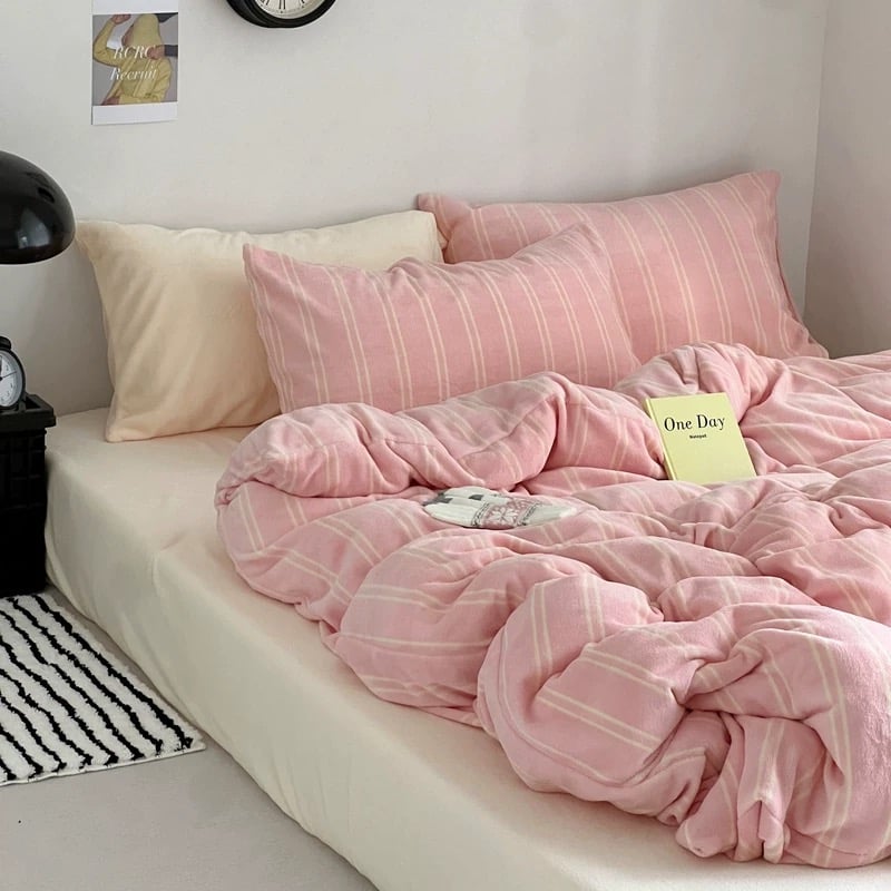 ピンク クリーム ダブル ストライプ 冬用 布団カバーセット 全3種 | 70PARK