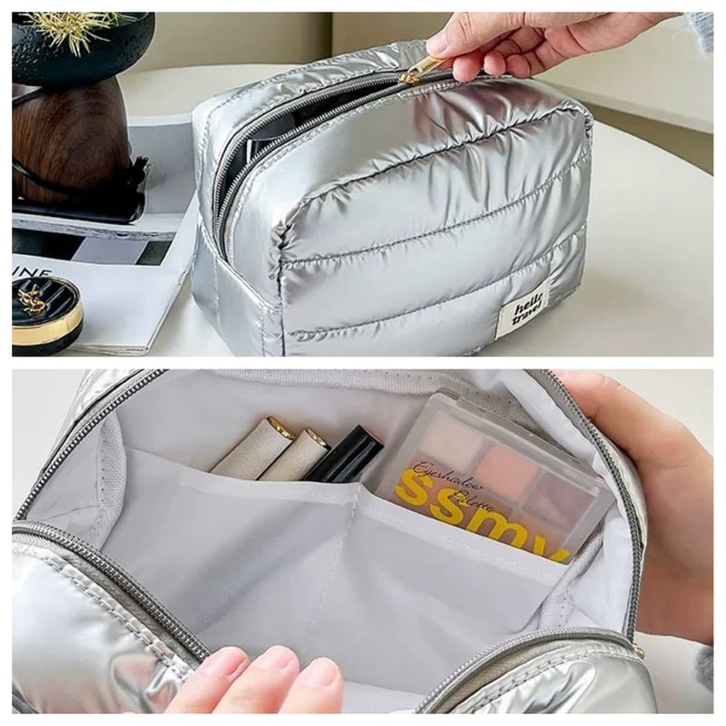 メタリックカラー 長方形 コスメ 収納 パフ ポーチ 全3色 シルバー