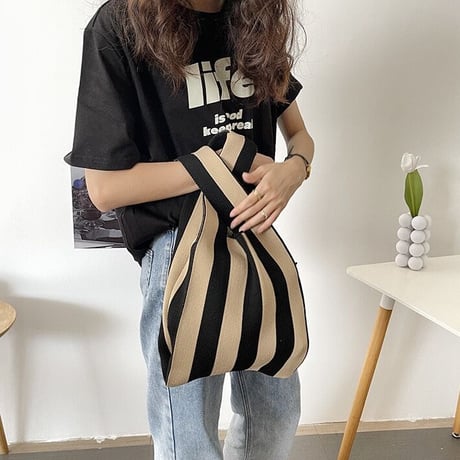 #ストライプ柄 ミニ ニットバッグ 全3色 マルシェバッグ