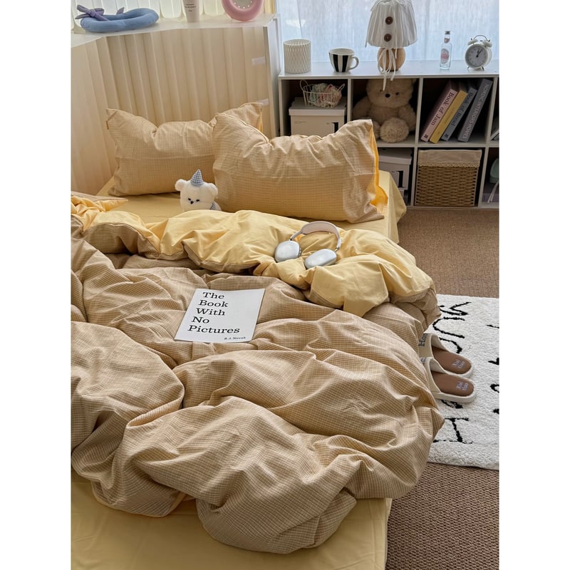 クリーム イエロー チェック柄 布団カバーセット 全2サイズ オール