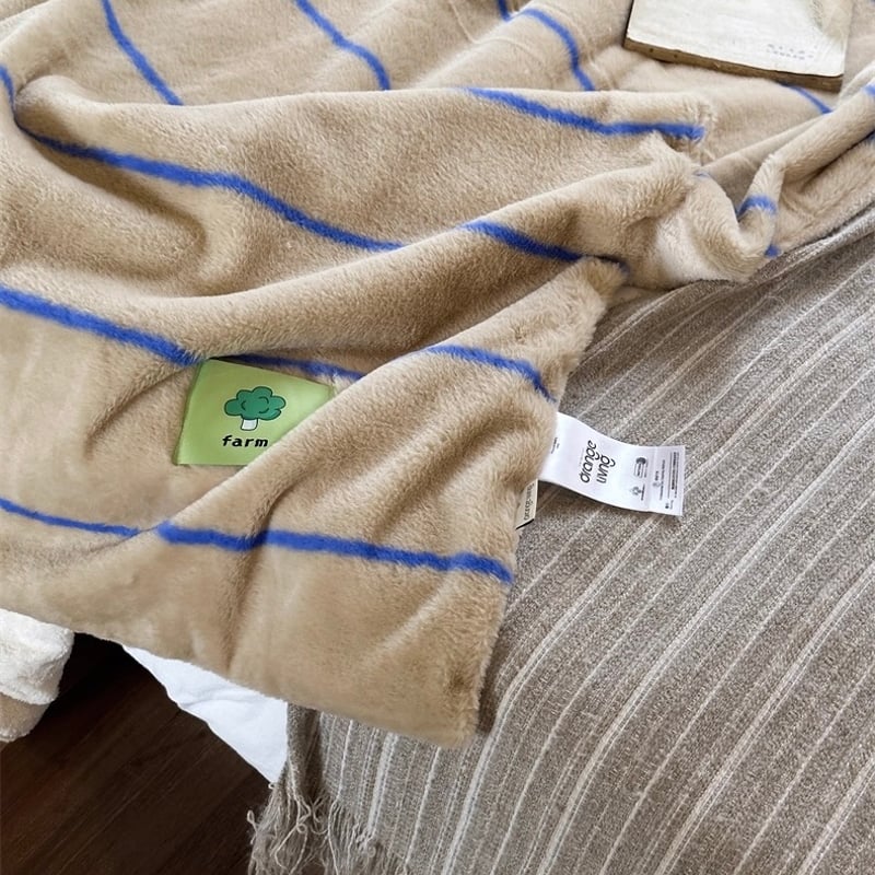 ベージュ ブルー ストライプ柄 ふわふわ ソフト ブランケット 150×200