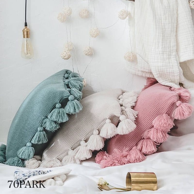即納】#タッセル ポンポン付き ニット クッションカバー 全5色