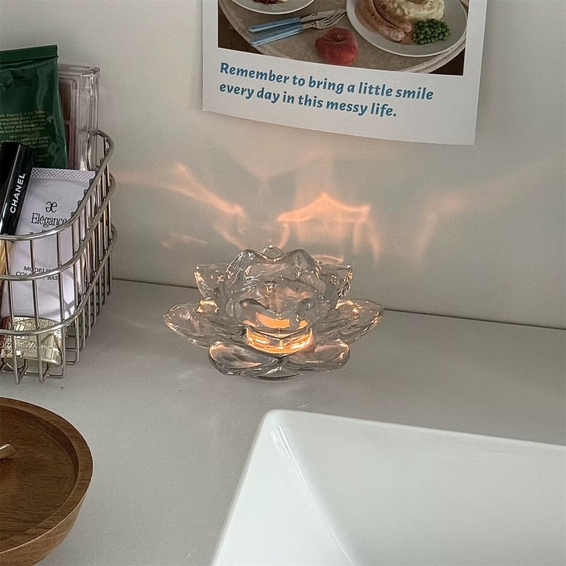 蓮 フラワーモチーフ クリア ガラス キャンドルホルダー スタンド | 70PARK