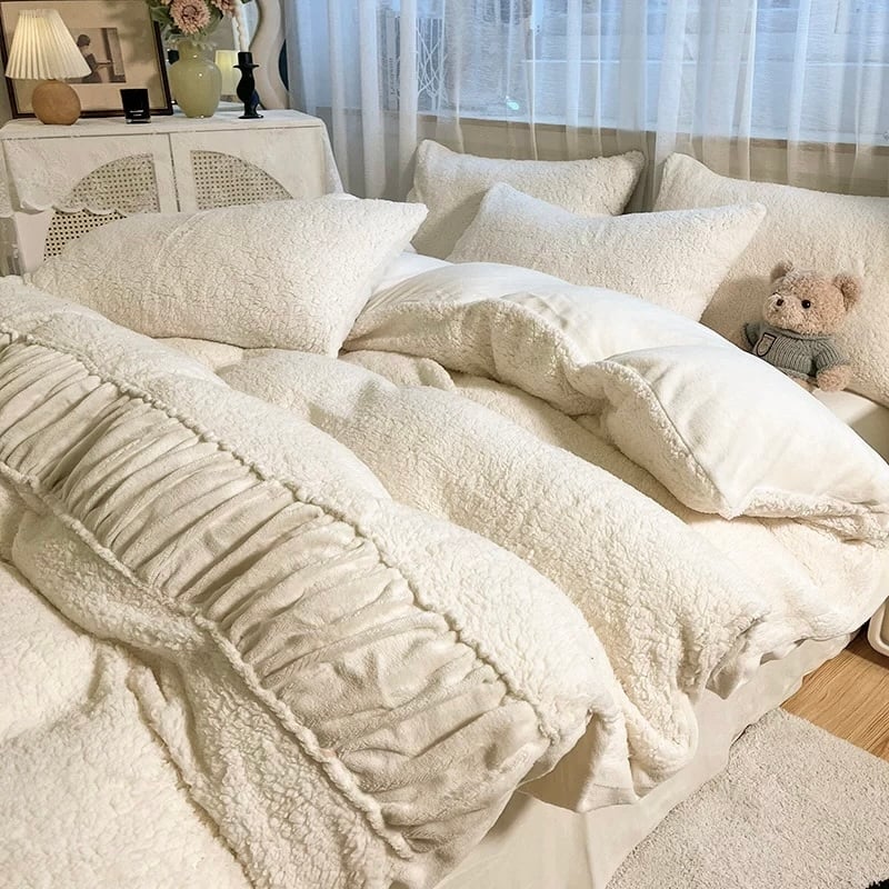 ふわもこ ギャザー ミルク ベルベット 冬用 布団カバーセット ベッド