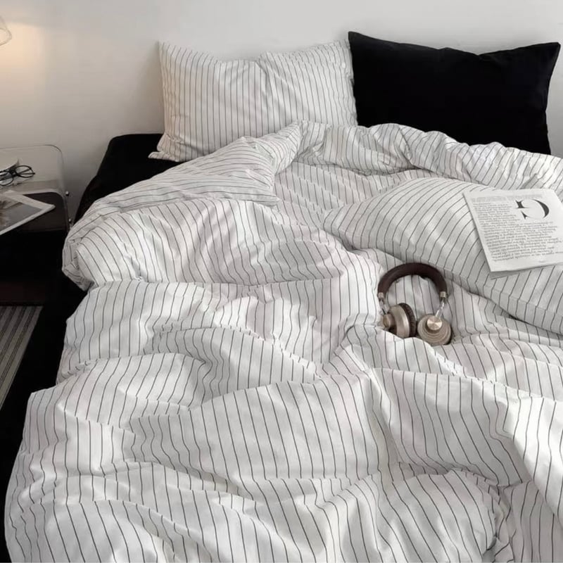 ホワイト ブラック ピンストライプ コットン 布団カバーセット 全3種