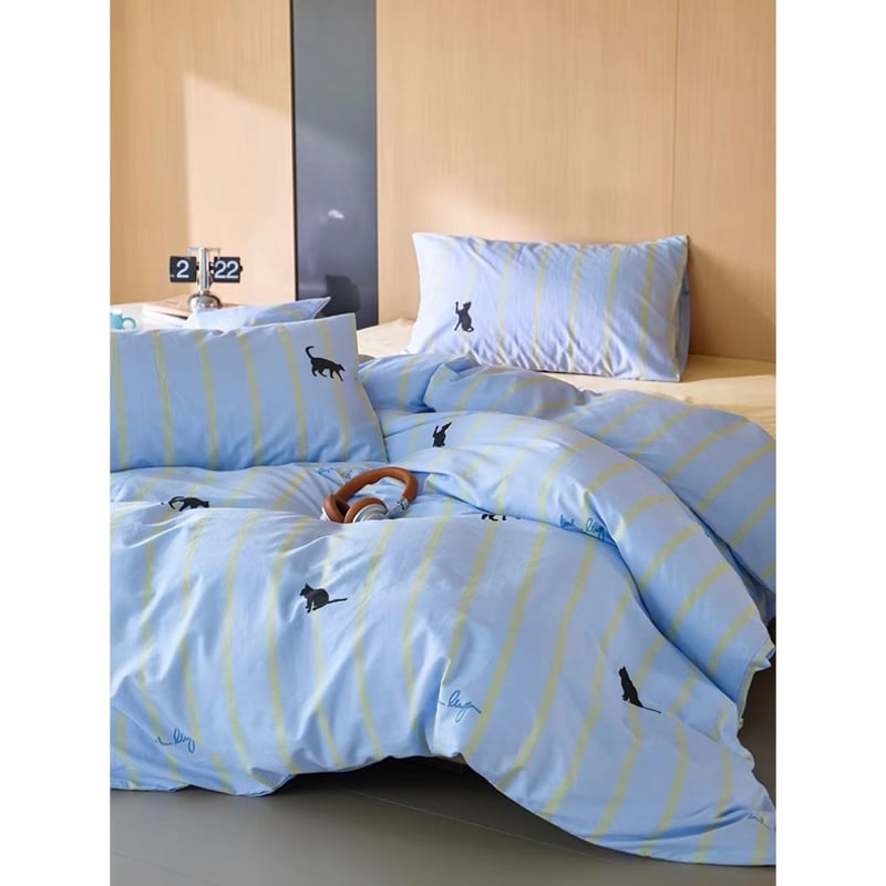 ブルー キャット ストライプ 布団カバーセット 全2種 ベッドカバー 猫