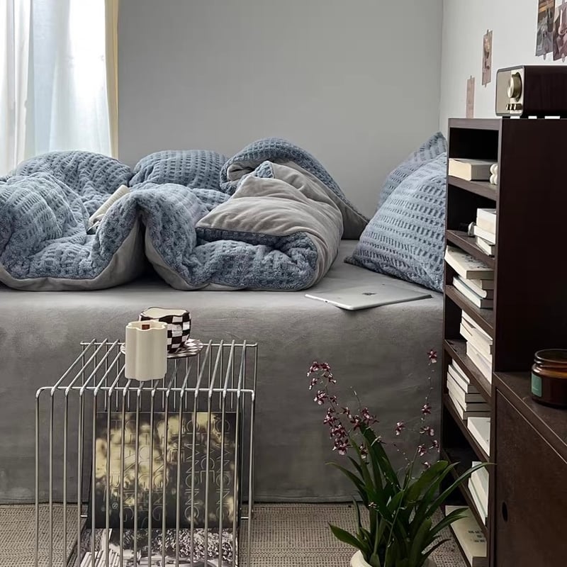 ブルー グレー 厚手 ミルク フリース 冬用 布団カバーセット 全2サイズ