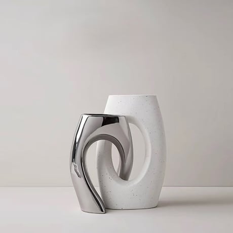 #2点セット ホワイト × シルバー セラミック フラワーベース 花瓶