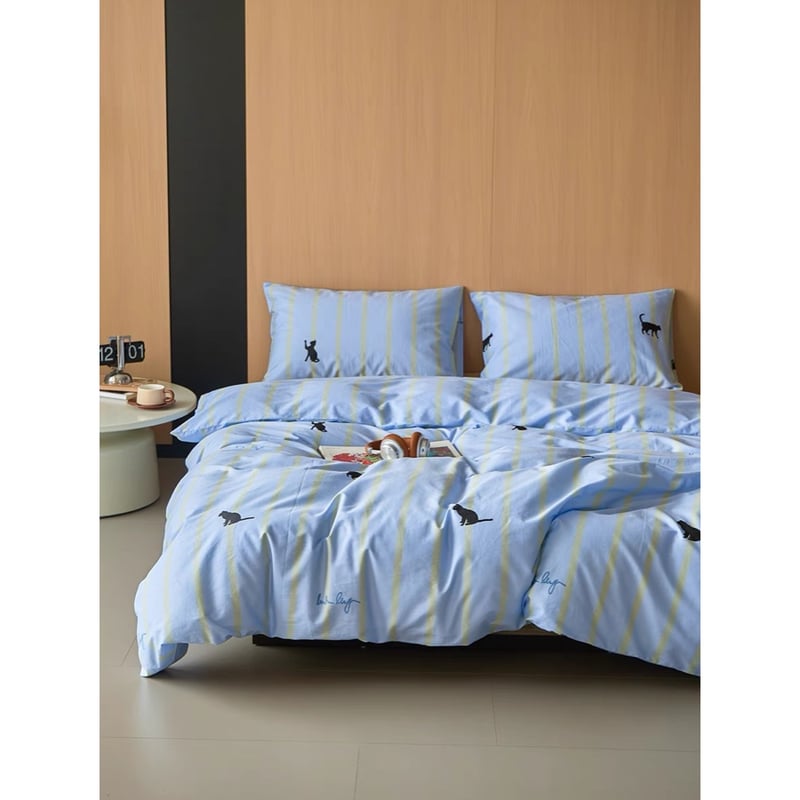 ブルー キャット ストライプ 布団カバーセット 全2種 ベッドカバー 猫