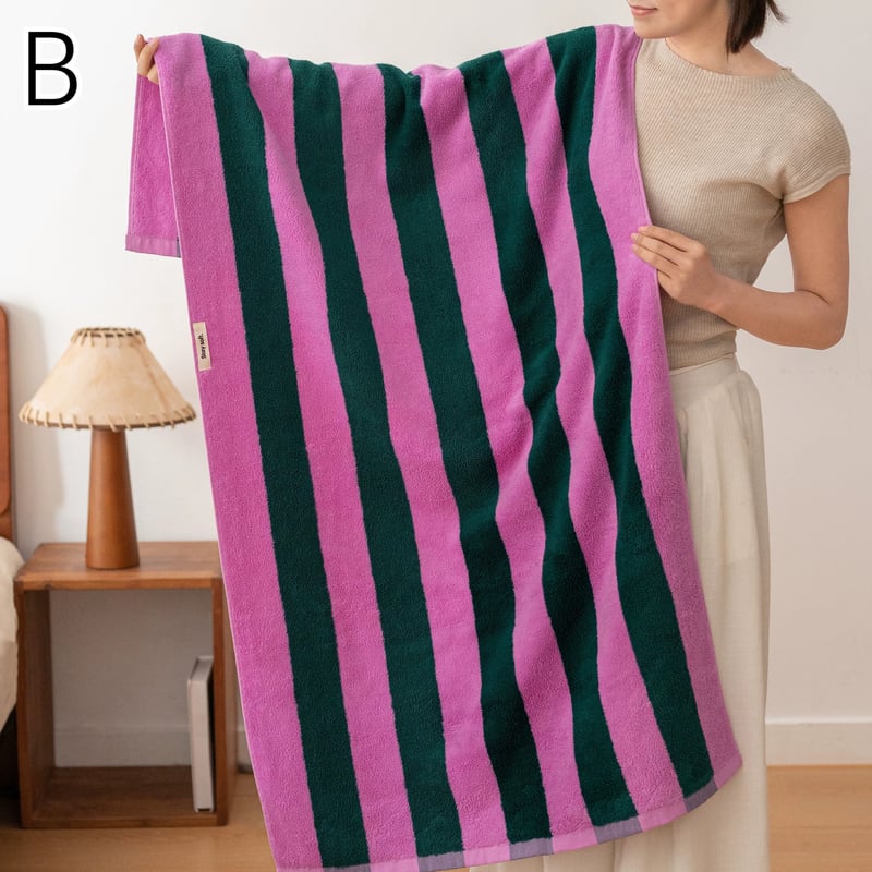 ワイド ストライプ カラフル バスタオル 全3色 綿 100% 吊り下げ