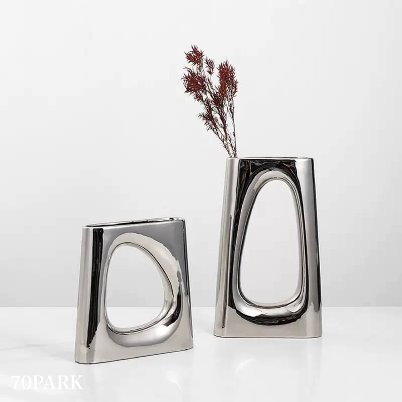 メタリック シルバー 穴あき セラミック フラワーベース 全2サイズ