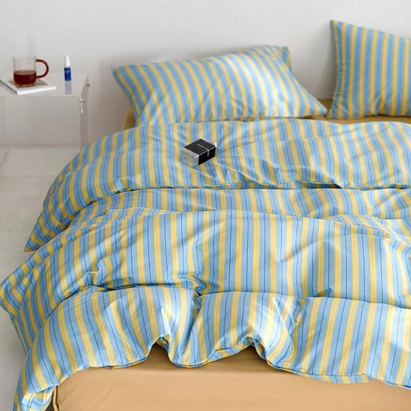ブルー イエロー ストライプ 布団カバーセット 全2種 ベッドカバー