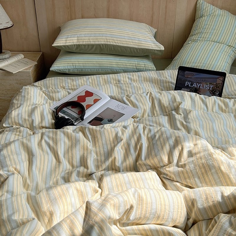 カラー マルチストライプ コットン 布団カバーセット 全3色 ベッド