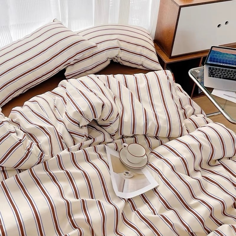 即納】#ブラウン ストライプ 布団カバーセット 全2種 ベッドカバー